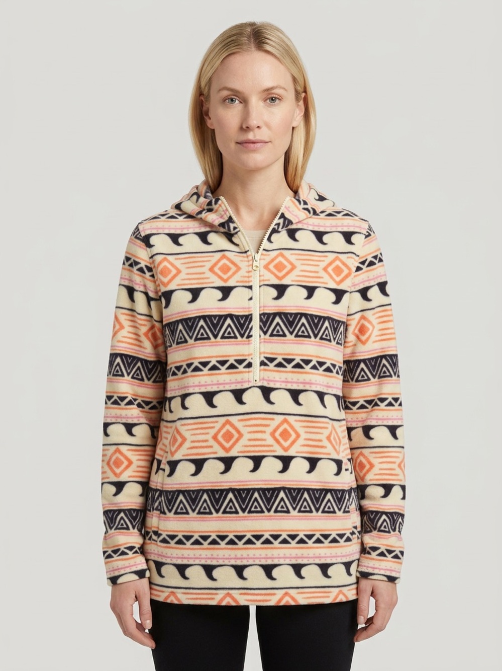 O'Neill Cream, Peach & Navy Patterned Half-Zip Pullover Hoodie